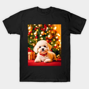 Bichon Frise Puppy Dog by Christmas Tree T-Shirt